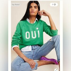 Clare V x Anthropologie Oui Crew Neck Sweatshirt Green Sz M